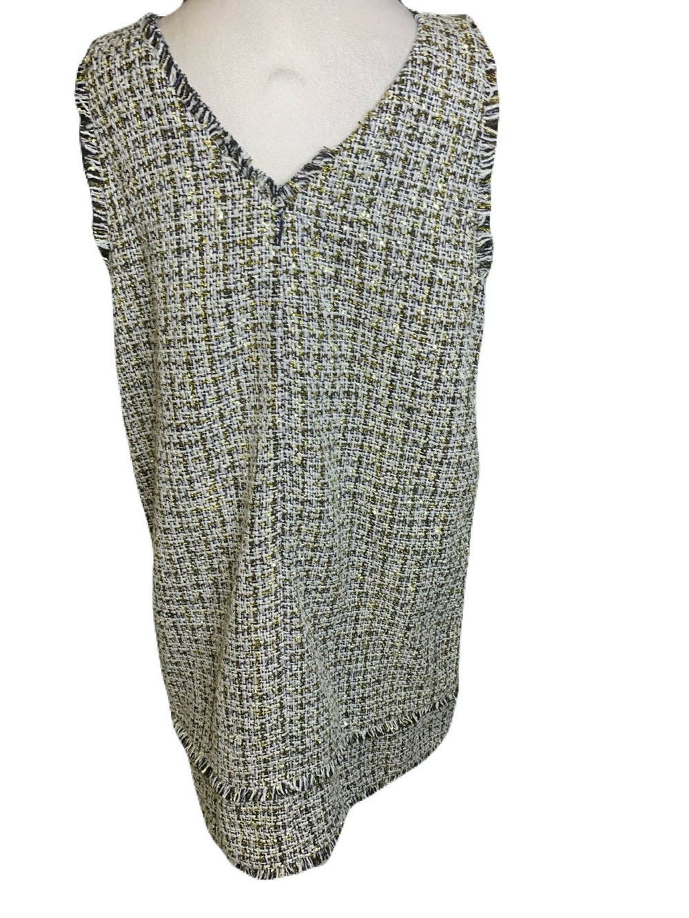 NEW LOFT Blue Gold Metallic Tweed V-Neck Size 14 Mini Dress Sleeveless Fringe - Picture 5 of 10